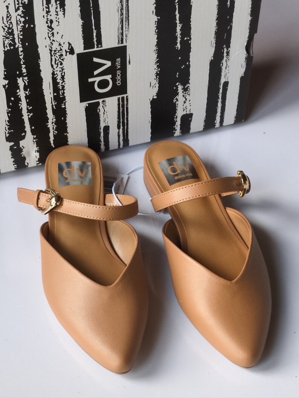 NIB DV Dolce Vita Flat Mules with Strap Tan Womens Sz 6.5